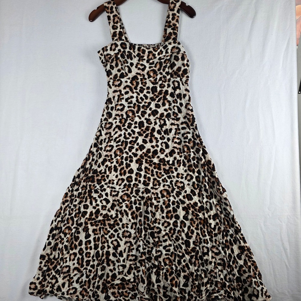 Vince Camuto Women's Leopard Print Smocked Tiered Rayon Maxi Dress Size M